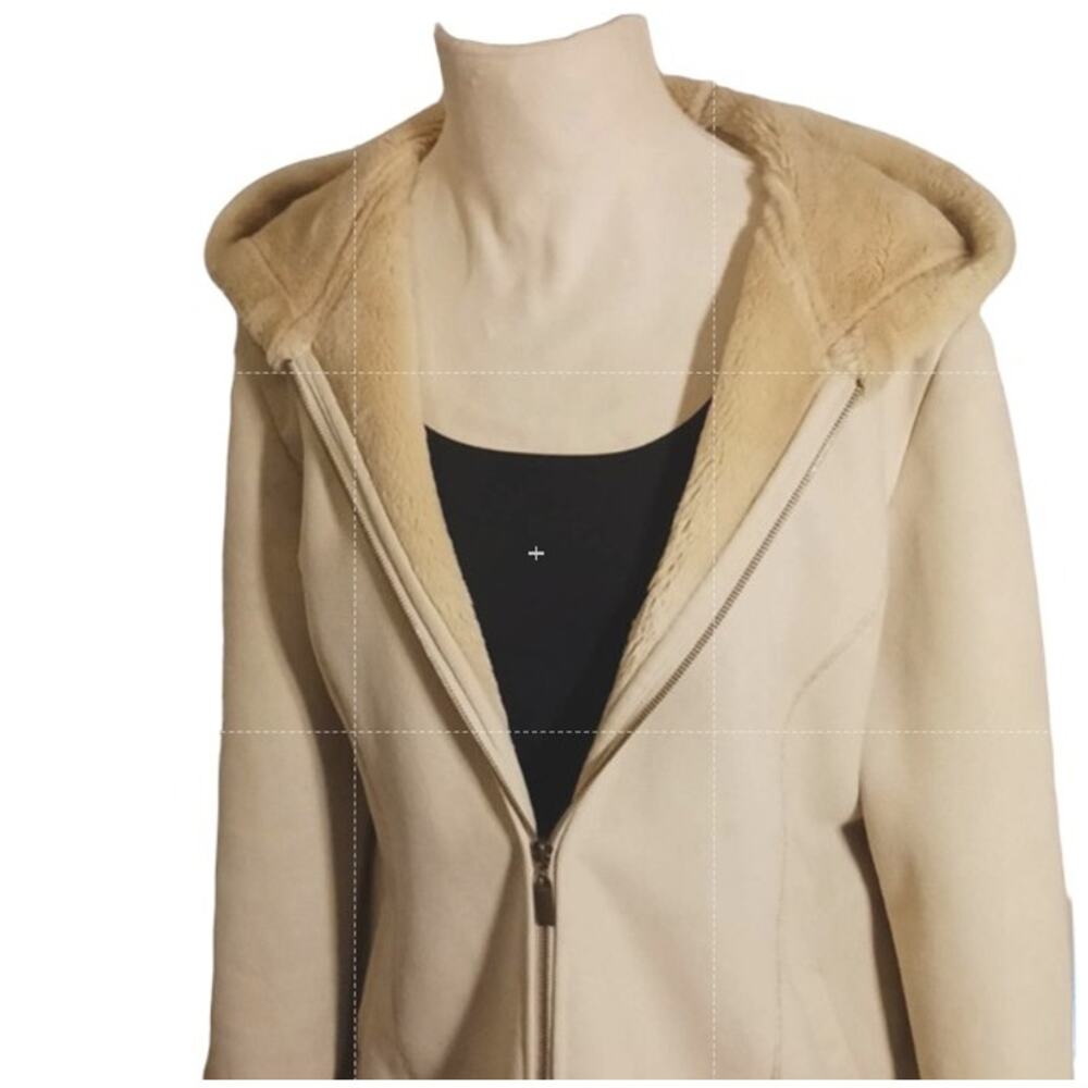 Marvin Richards Coat Women's Sz M Beige Fleece Lined Faux Suede Hood Warm Jacket - Picture 11 of 16
